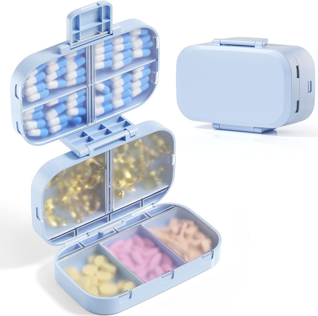 MEACOLIA Triple vouwen pil Organisator, 9 Compartments Reis pil geval met grote capaciteit, Dagelijkse pil doos kleine pil Container voor vitamine, kabeljauw leverolie,uplements (blauw)