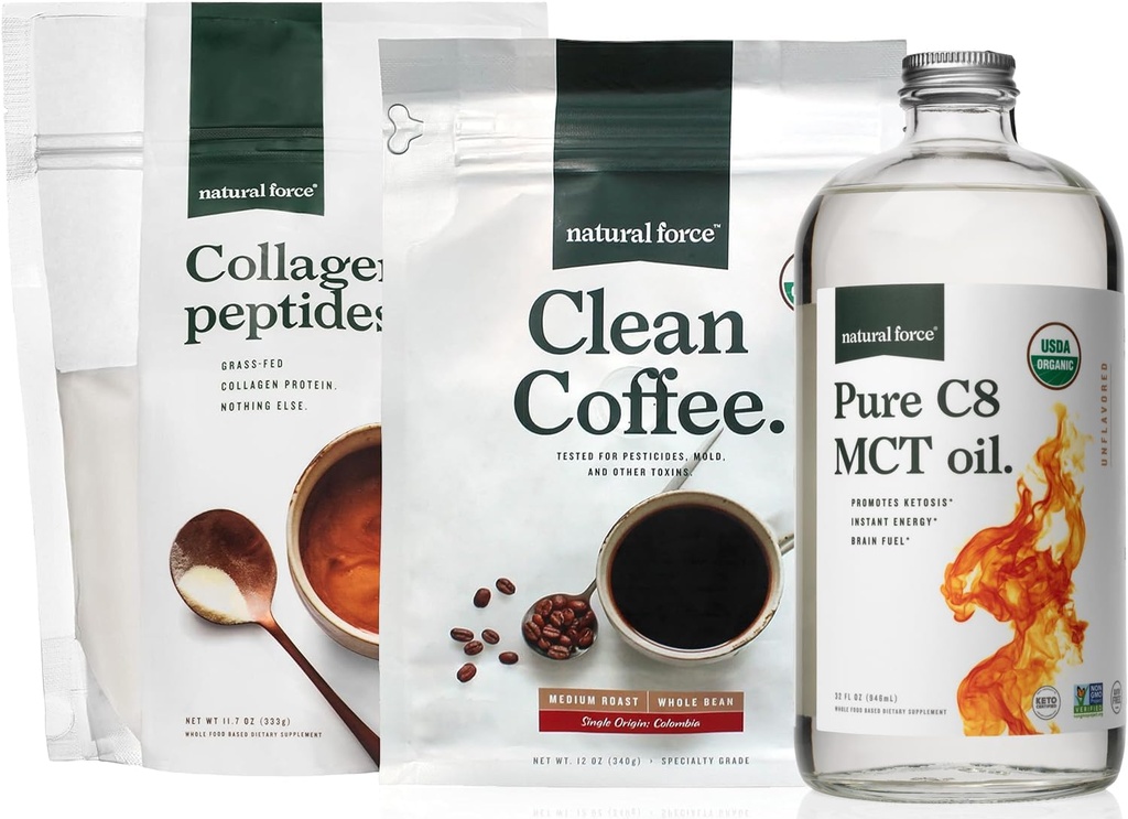 Natural Force Organic Clean Coffee, Collageen Peptides, and Pure C8 MCT Oil Bundle 