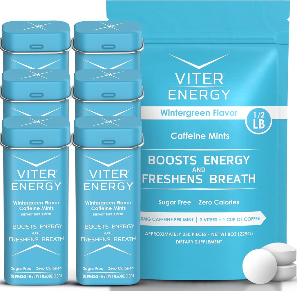 Viter Energy Original Cafeine Mints Wintergreen Flavor 6 Pack en 1/2 pond Bulk Bag Bundle - 40mg Cafeïne, B Vitaminen, Suikervrij, Veganistisch, Krachtige Energie Booster voor Focus en Alertheid