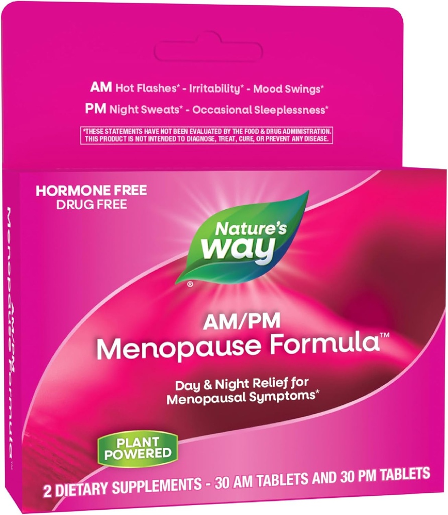 Nature's Way AM/PM Ménopause Supplements for Women, Hot Flash Relief*, Sweats de nuit*, Sommeil repos*, Swings d'humeur*, Formules sans hormones avec Cohosh noir, Theanine, Valérien, 60 comprimés