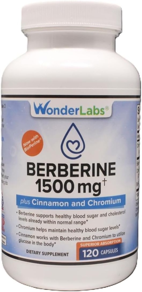 Wonder Laboratories Surperior Absorption Berberine HCL 1 500mg + cannelle, chrome et BioPerine Maintenance pour le glucose, le coeur et le système immunitaire Santé sans gluten et OGM - 120 capsules