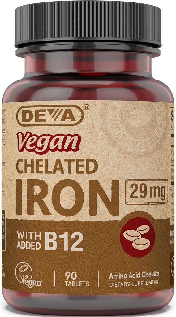 DEVA Fer chélaté végétalien avec supplément de vitamine B-12, supplément alimentaire, 29 mg, 90 Compte
