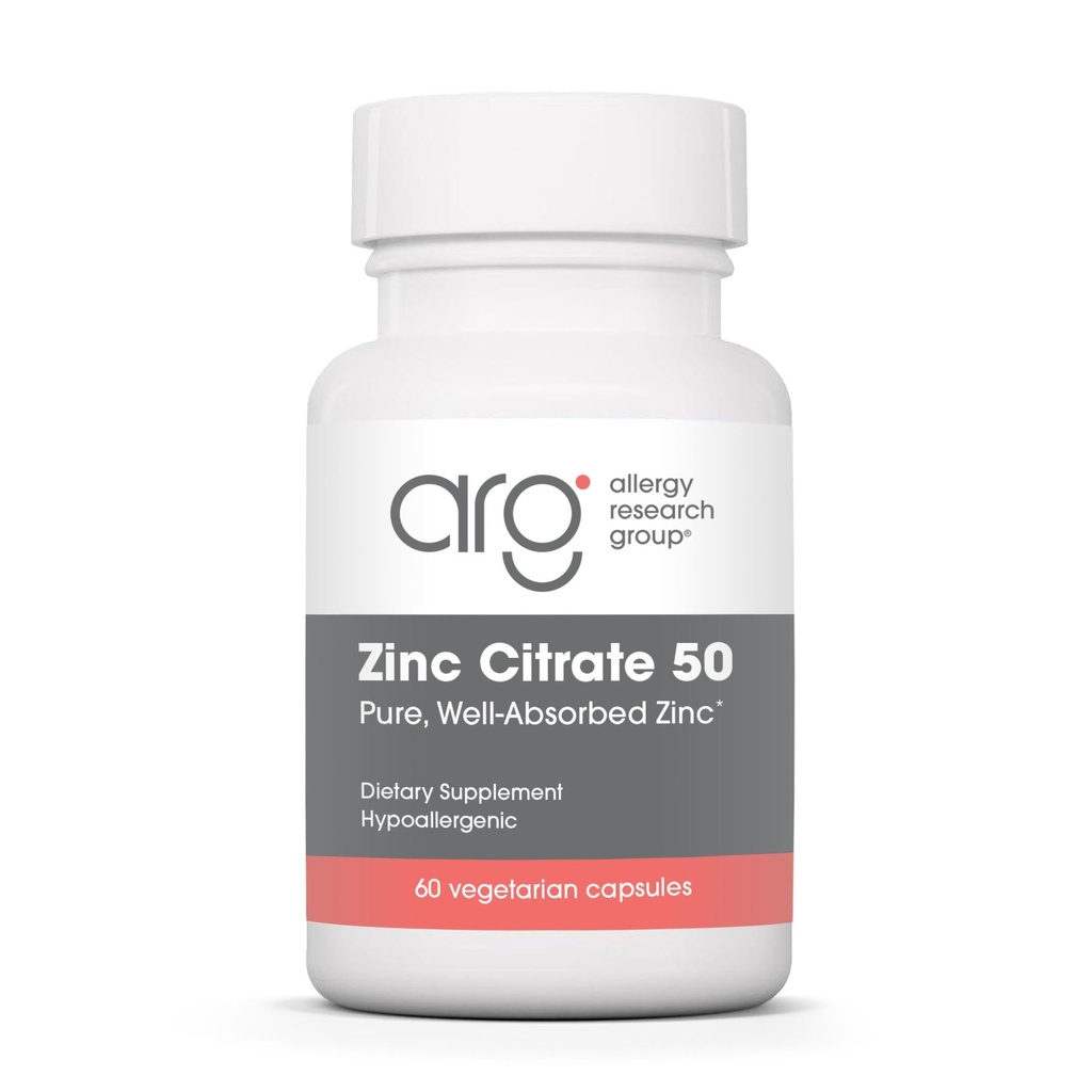 Allergie Onderzoeksgroep Zink citraat Supplement - Zink voor mannen en vrouwen, Immune Support, Pure, Well-Absorbed, Well-Tolated, Trace Mineral, 50mg Vegetarische Capsules - 60 Tellen
