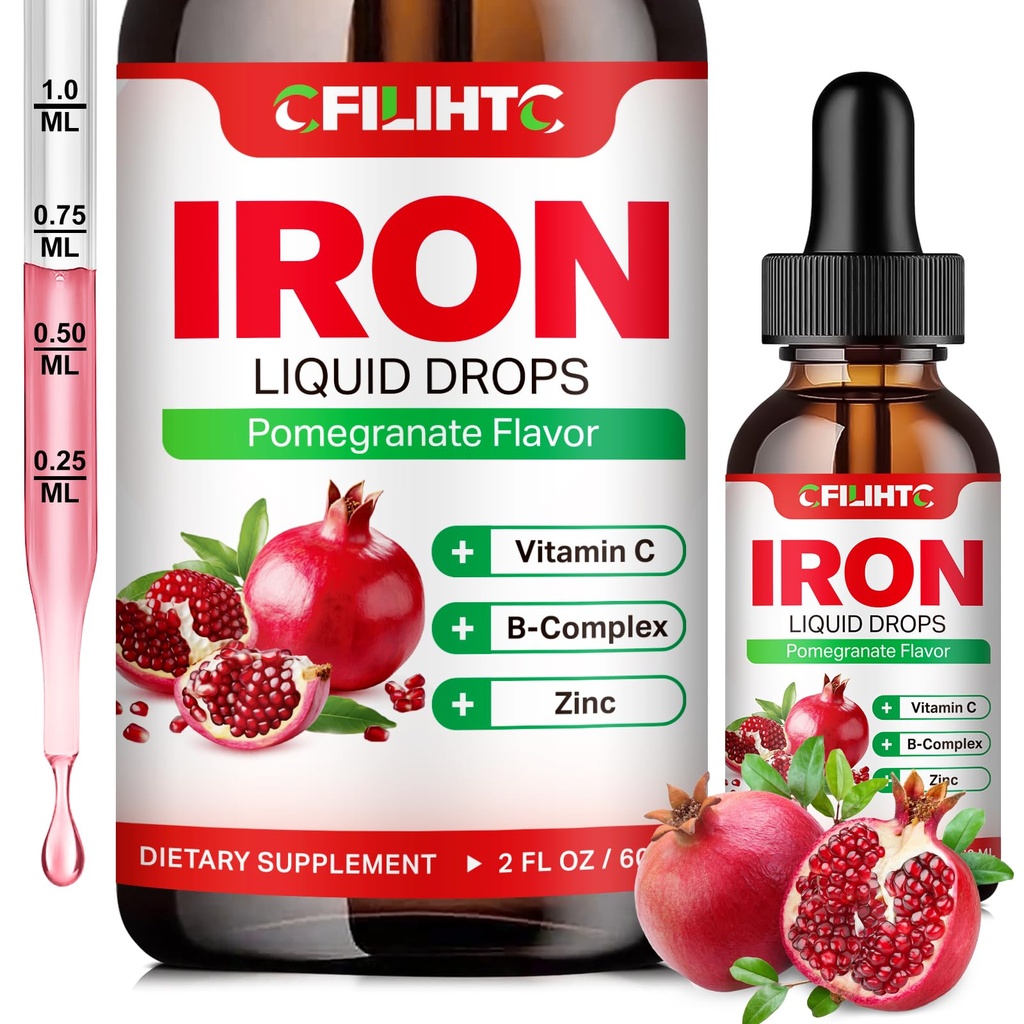Supplément en fer liquide pour femmes hommes et enfants Multivitamine gouttes de fer avec folate, vitamine C, B6, B12, zinc pour l'anémie, carence en fer, fabricant de sang, énergie - Saveur de grenade naturelle, végétalien 2 Fl Oz