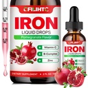 Supplément en fer liquide pour femmes hommes et enfants Multivitamine gouttes de fer avec folate, vitamine C, B6, B12, zinc pour l'anémie, carence en fer, fabricant de sang, énergie - Saveur de grenade naturelle, végétalien 2 Fl Oz
