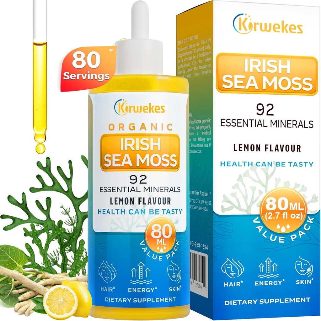 Musseau de mer et gouttes de racine d'Ashwagandha - 10X Seamoss et Ashwagandha plus forts pour les femmes et les hommes, gouttes de mousse de mer pour l'humeur, l'immunité, la digestion, l'énergie, la peau, l'articulation des cheveux (Avoeur de citron - 80 portions