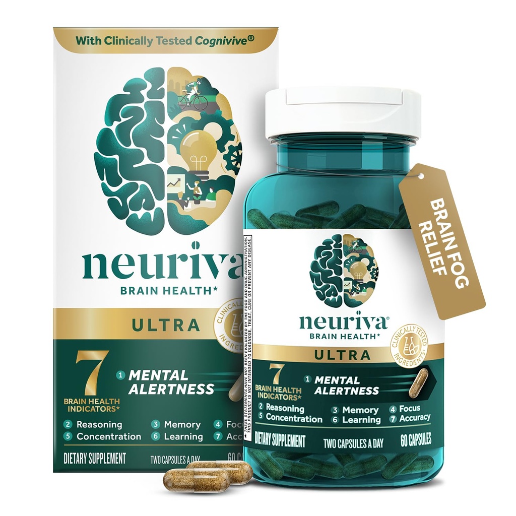 NEURIVA Ultra Decaffeïnated Clinically Tested Nootrope Brain Supplement for Mental Alertness, Memory, Focus & Concentration, Cognivive, Neurofactor, Fosfatidylserine, Vitamines B6 B12, 60 Capsules
