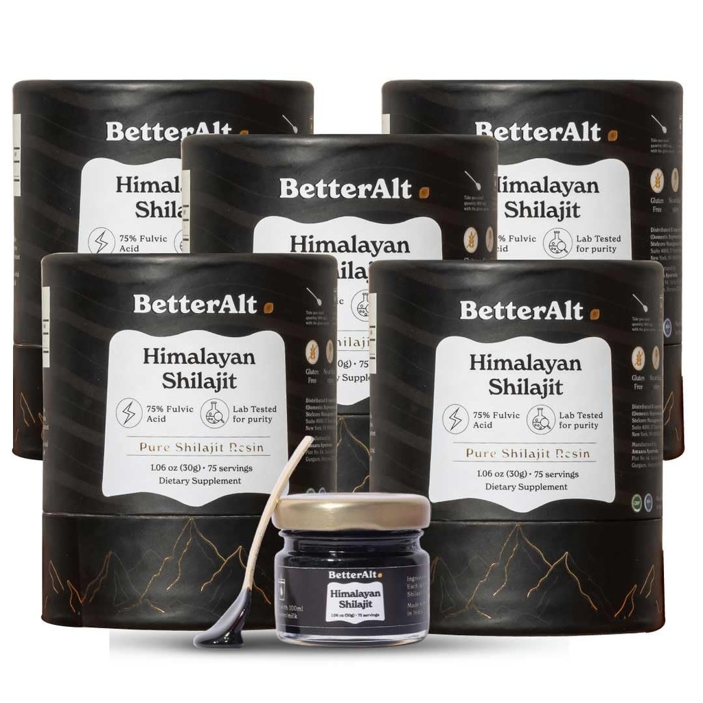 Beter Alt Pure Himalaya Shilajit Resin Pack van 5 High Potency Gold Grade 375 Servings for Energy Boost & Immune Support, 85+ Trace Minerals, 75%+ Fulvinezuur, met Lab Test Report,400 mg