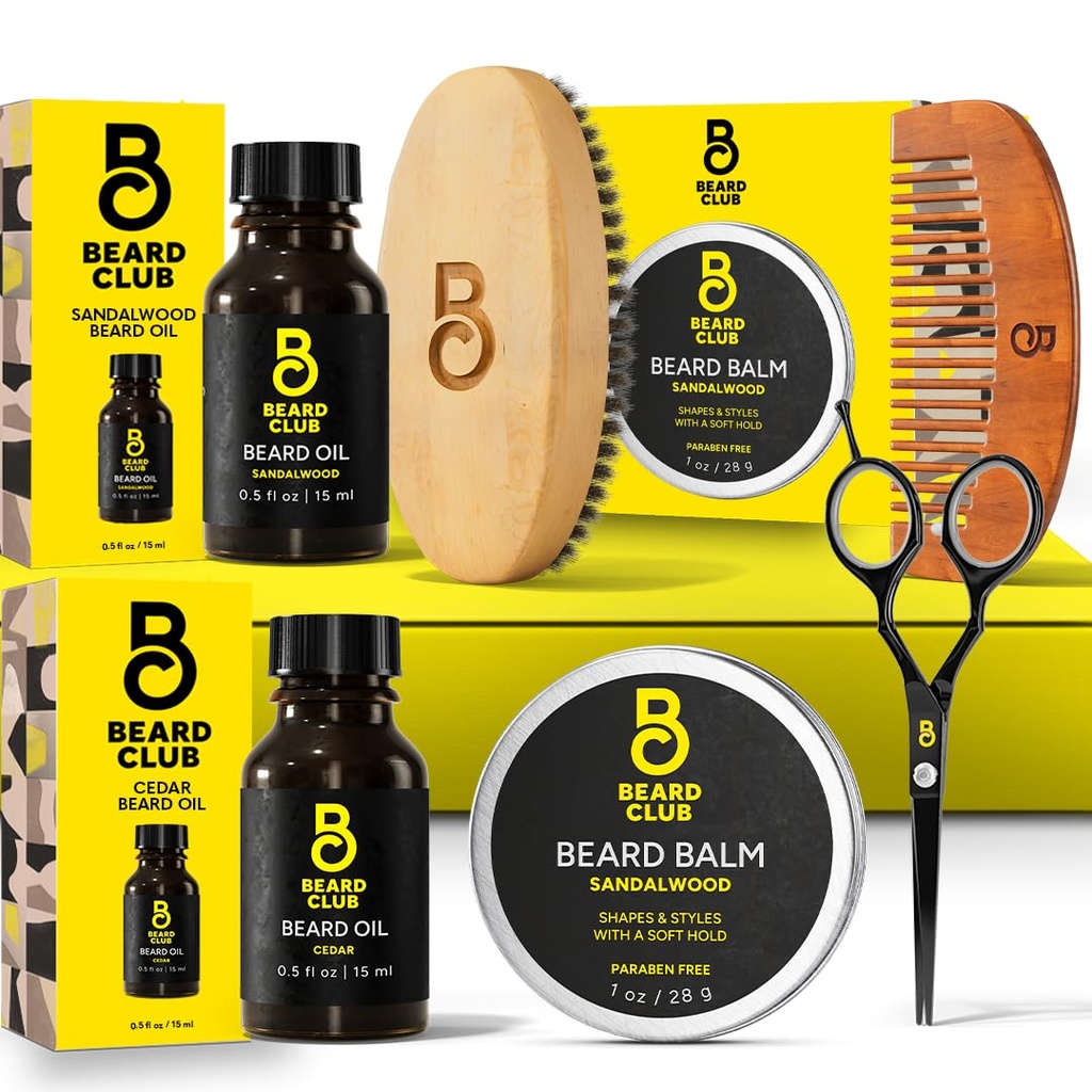 The Beard Club Beard Kit for Men - Grooming & Care Kit - Cedar & Sandalwood Oil, Sandalwood Balm, Boar Bristle Brush, Comb, Trimming Schaar - Pap Cadeau Set