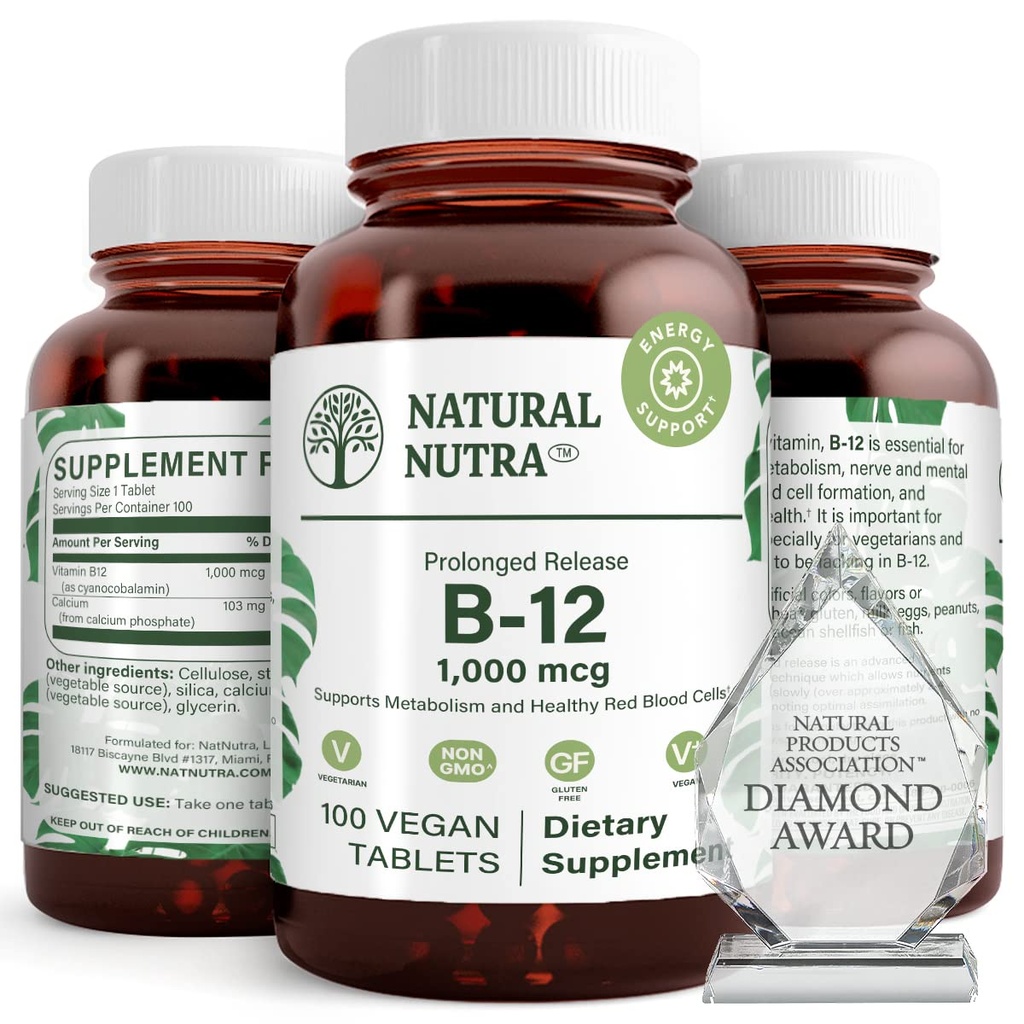 Vitamine naturelle Nutra B12 1000 mcg, Promouvoir la santé cardiaque et nerveuse, Cobalamine B12 Supplément, Phosphate de calcium, Aide dans la santé métabolique, Absorption optimale, Sans gluten, Sans sucre, 100 comprimés végétaliens