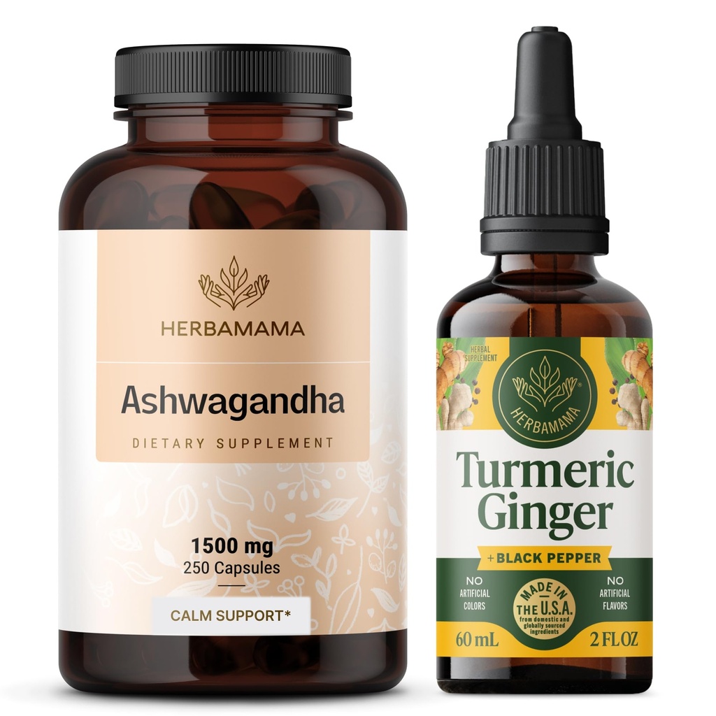 HERBAMAMA Ashwagandha and Turmeric Ginger Kit - bundel van 1500 mg Ashwagandha Root Capsules & Turmeric Ginger Tinctuur 2 fl oz - Vegan, Non-GMO, Sugar & Alcohol-Free - 2 Pack
