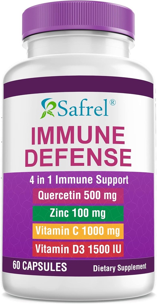 Safrel Strong Immuun Support, Quercetin 500 mg, Zink Picolinaat100 mg, VitamatiC 1000 mg, Vitamine D3 1000 IE, 60 capsules, 1 maand bevoorrading Made in USA