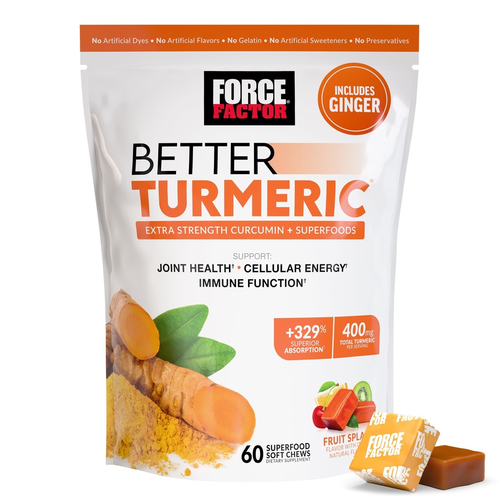 FORCE FACTOR Better Kurkuma supplement 400mg met zwarte peper & gember, extra sterkte gezamenlijke ondersteuning, superieure absorptie, zoals Kurkuma Gummies, Fruit Splash, 60 Kurkuma Kauwen