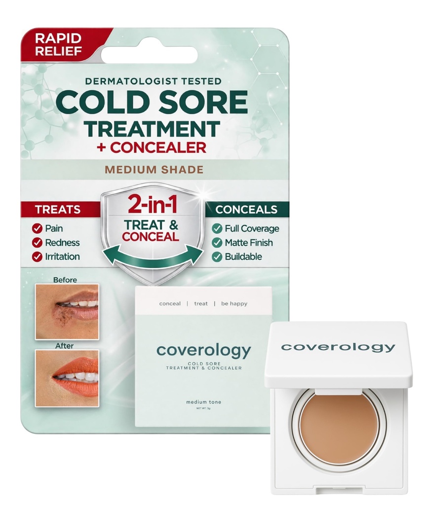 Coverology Cold Sore Treatment & Cold Sore Concealer - De beste volledige dekking Cold Sore Cover Up Make-up om te helpen vermommen en kalmeren - Medium