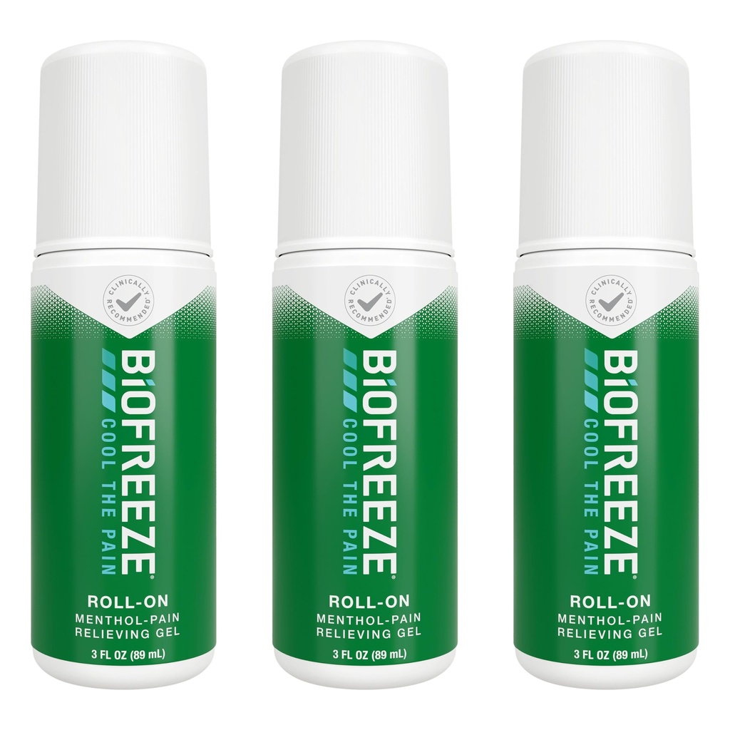 Biofreeze Roll on pain relief for Knie, Neck, Hip, Joint, Shoulder, & Simple Backache, Artritis Pain Reliever, Sore Muscle Relief, Roll On Menthol Gel 3 Fl Oz (pack of 3)