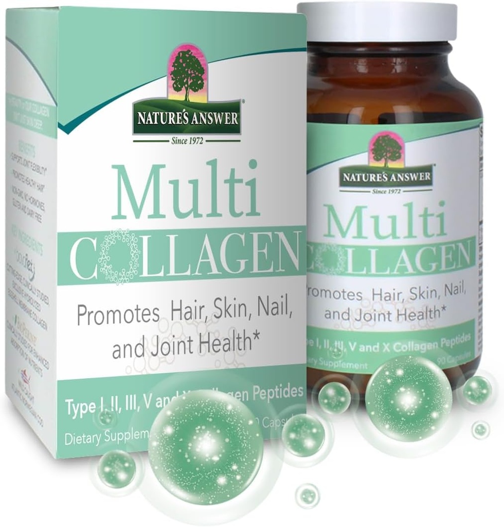 Réponse de la nature – Capsules multicollagènes Types I, II, III, V & X Source alimentaire Collagène Peptides favorise et soutient la santé des cheveux, de la peau, des ongles et des articulations Non OGM