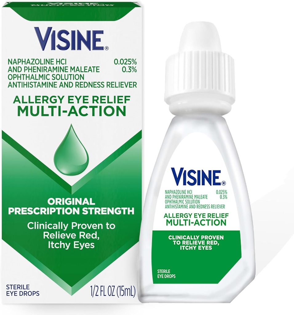 Visine Allergie Eye Relief Multi-Action Antihistamine & Redness Reliever Eye Drops with Pheniramine Maleate & Naphazoline HCl, Allergie Eye Drop Treatment for Red, Itchy Eyes, 0,5 fl.oz