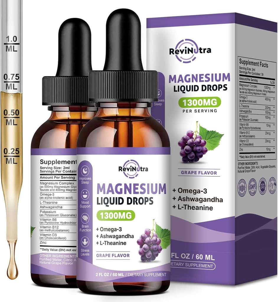2 Pack Magnesium Liquid Drops, Calm Magnesium Glycinate Liquid Drops with Taurate & Citrate, Potassium, Omega3, L-Theanine, Ashwagandha, D3, B6, B12 for Sleep, Muscle, Heart, Sugar-Free Grape Flavor