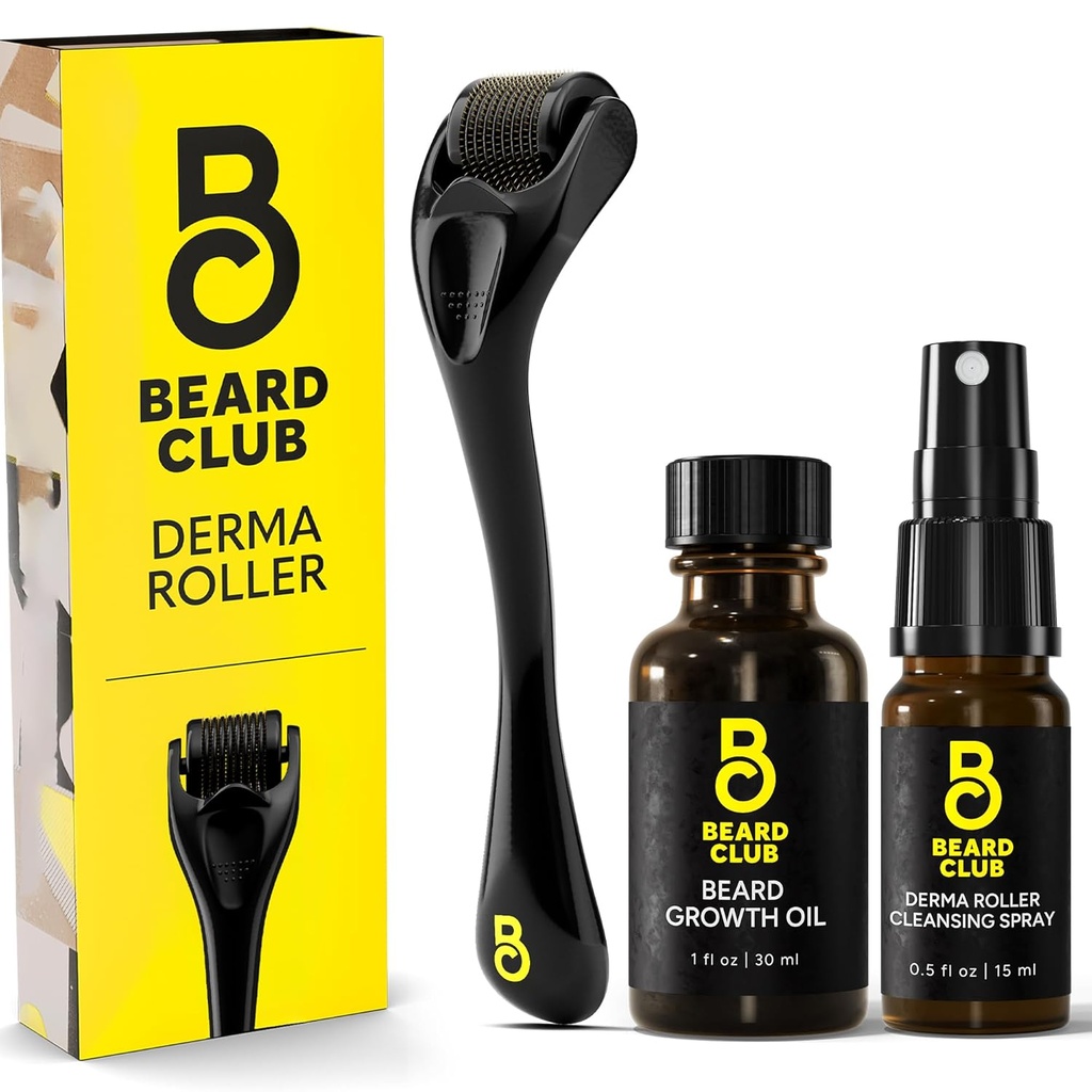 De Beard Club Derma Roller, Growth Oil & Cleansing Spray voor Gezicht, Lichaam en Scalp - Microneedling voor mannen en vrouwen met 540 Titanium Microneedles
