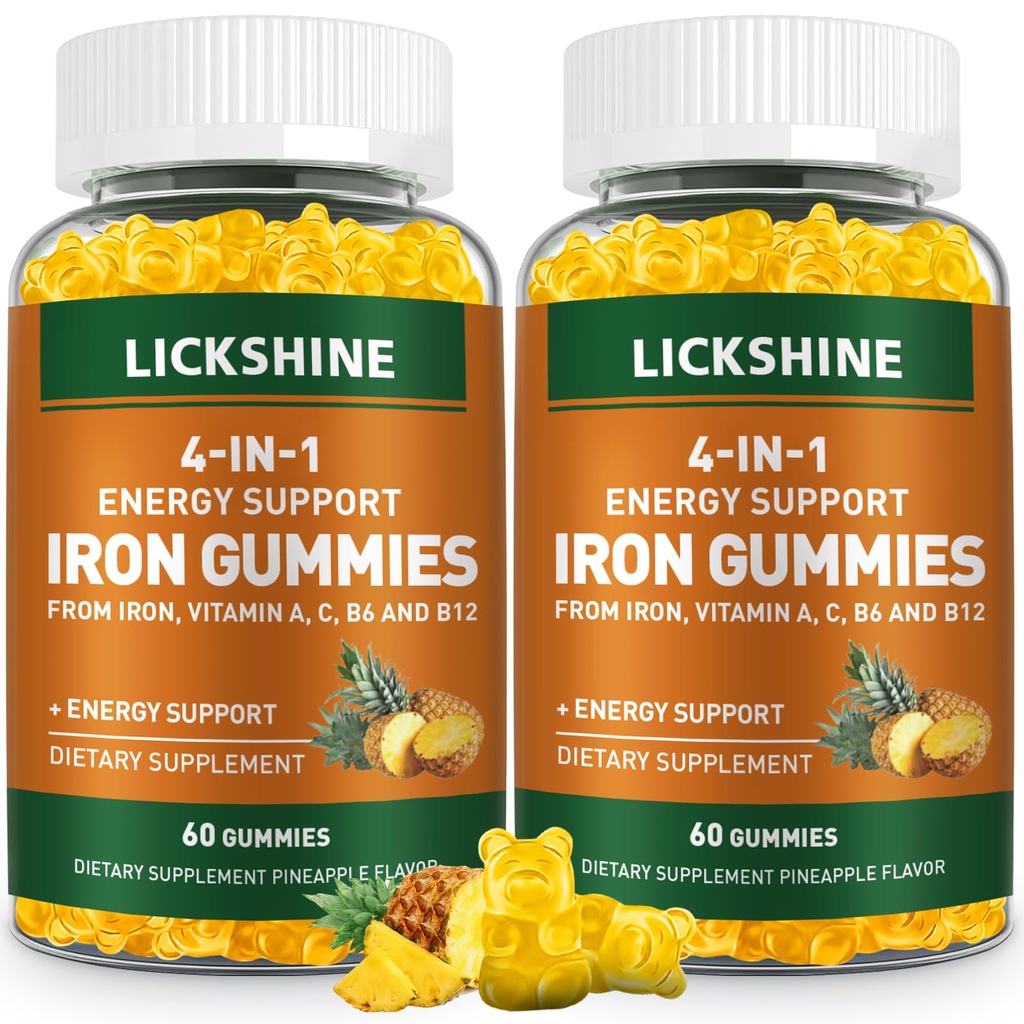 2 Pack Vegan 100MG Iron Supplement Gummies for Women & Men - with Vitamin C, A, B for Adults & Kids - Energy Support for Iron Deficency, Anemie - Ananas Smaak (120 Ct)