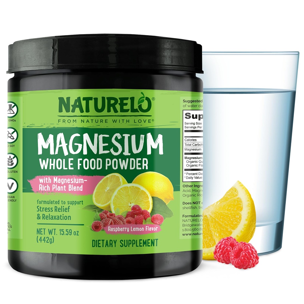 NATURELO Magnesium Poeder - Whole Food Calm Magnesium Poeder met Quinoa, maniok, & Vlaszaad voor Stress Relief, Raspberry Citroen 85 Servers, 15oz