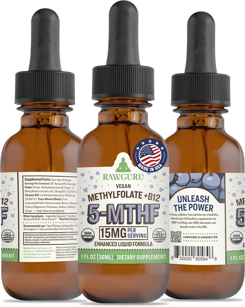 RawGuru L-Methylfolaat 15 mg + Vitamine B12 - Biologische Vegan Gemethyleerd B12 met sporenmineralen - Nano-Processed & Enhanced Liquid Formula - 300 Servings Vegan Drops per 30 ml, Pack of 1