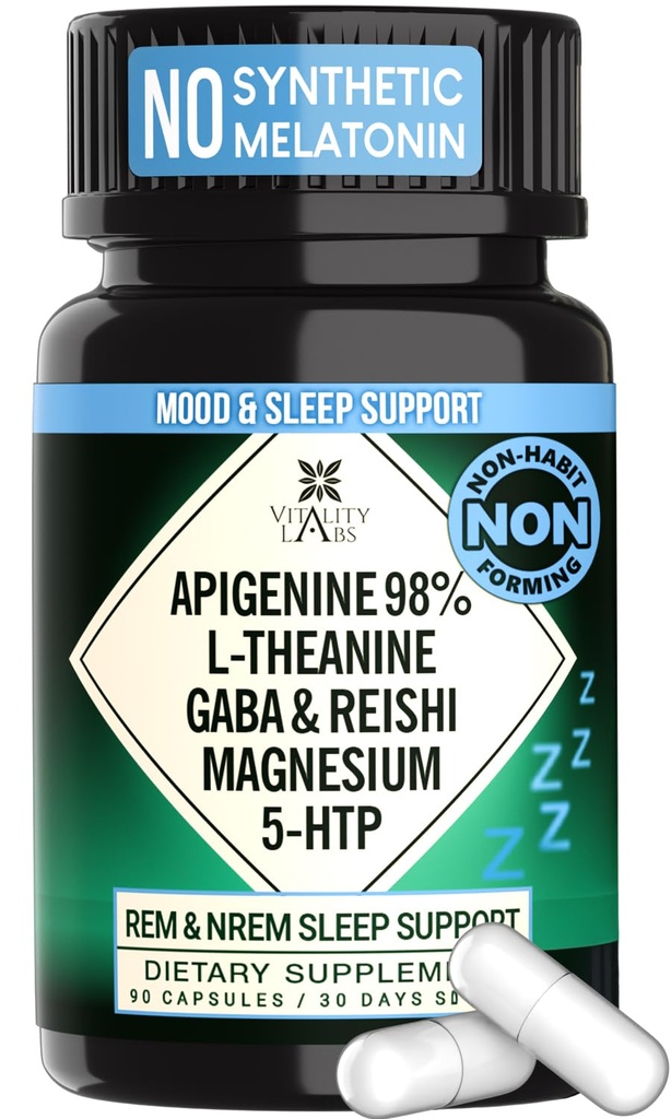 Natural Sleep Aid Supplement voor volwassenen zonder Melatonine - Non-Habit Forming Herbal Sleep - GABA, L-Theanine, Reishi Mushroom, Apigenin, Magnesium Glycinate, 5-HTP - 90 Vegan Capsules