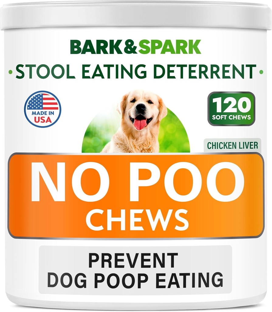 BARK&SPARK NO Poo Treats - Prévenir l'ingestion de caca chez les chiens - Coprophagie Traitement - Déterrent de l'alimentation des tabourets - Probiotiques et enzymes - Santé digestive + Aide respiratoire - 120 Chews doux - États-Unis fabriqués - Foie