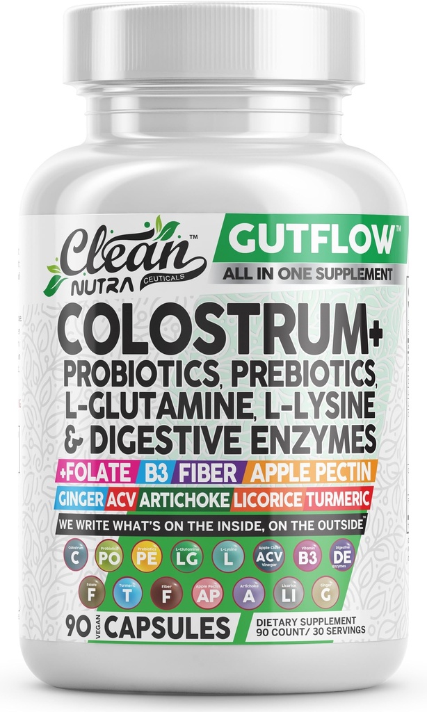 Clean Nutraceuticals Colostrum Supplement Capsules Probiotica Pillen Prebiotica, L-Glutamine, Digestieve Enzymen, Folate, Fiber, ACV, Kurkuma, Apple pectine en Kurkuma Pillen