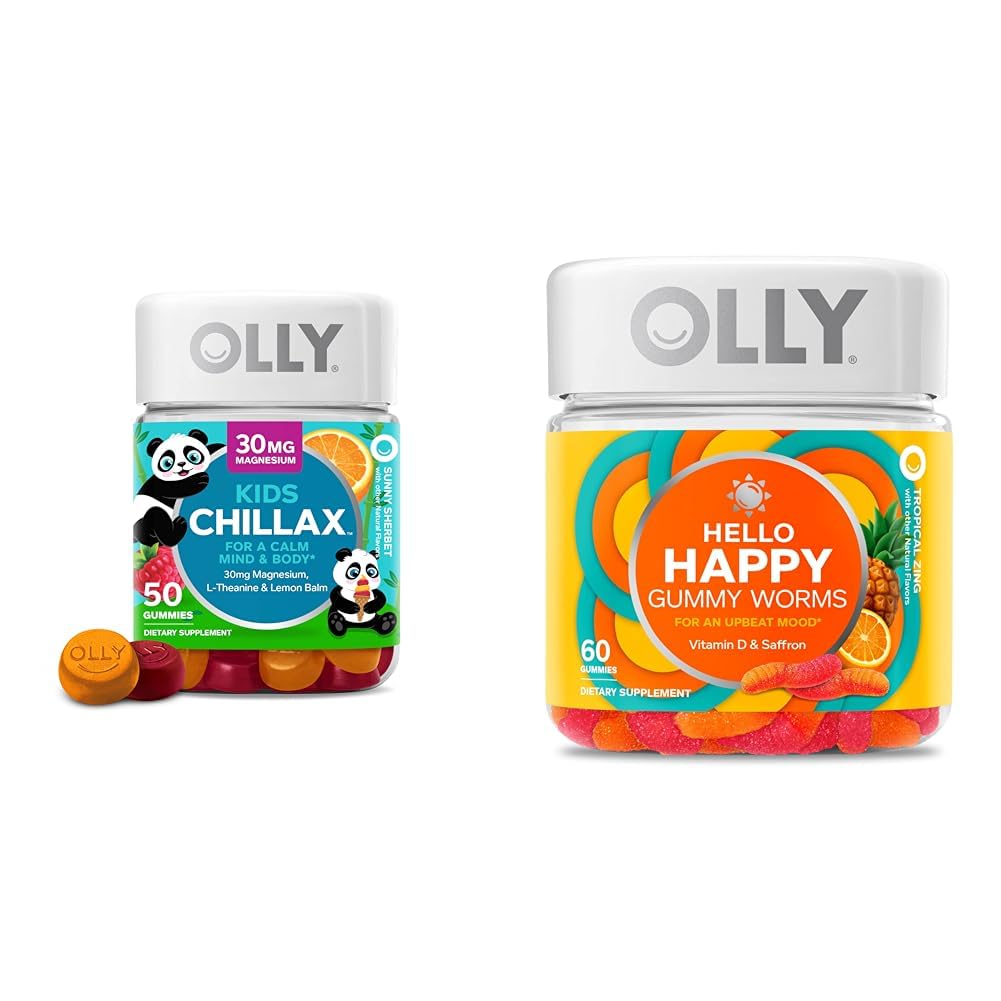 OLLY Kids Chillax, Magnesium Gummies Plus L-Theanine, Lemon Balm & Hello Happy Gummy Worms, Mood Balance Support, Vitamine D, Saffron, Adult Chewable Supplement, Tropische Zing - 60 Tellen