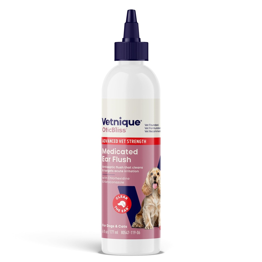 Vetnique Oticbliss Advanced Strength Medicinal Dog Ear Infection Treatment, Antiseptische oorreiniger voor Cat & Dog Ear Cleaning Solution Chlorhexidine & Ketoconazol (6oz Flush)