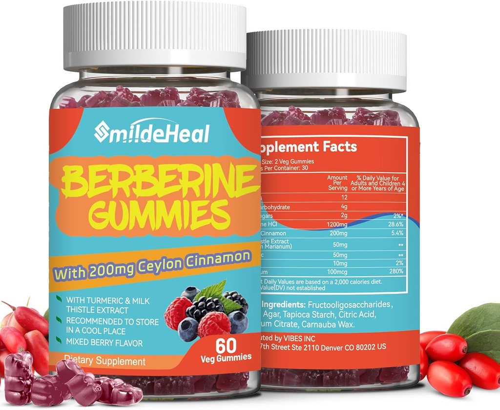 2 Pack Berberine Gummies 1200mg met Ceylon Cinnamon 200mg, Milk Thistle Extract & Turmeric, Vegan Berry Flavor, Non-GMO, Gelatine-Free, Gluten-Free, 120 Tellen