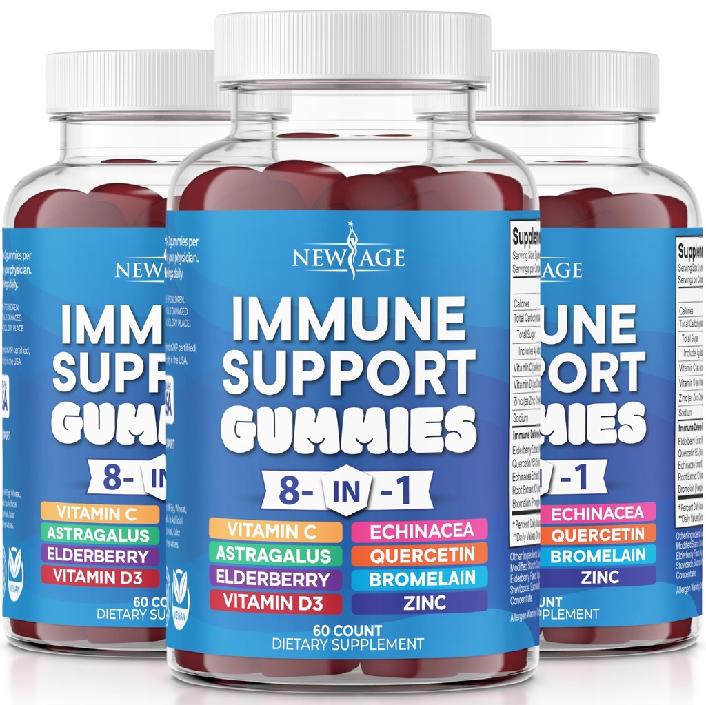 NIEUWE AGE 8 in 1 Immune Support Booster Supplement met Astragalus Root, Vitamine C en Zink 50mg, Vitamine D 5000 IE, Quercetine & Bromelain (8 in 1 Gummies (verpakking van 3))