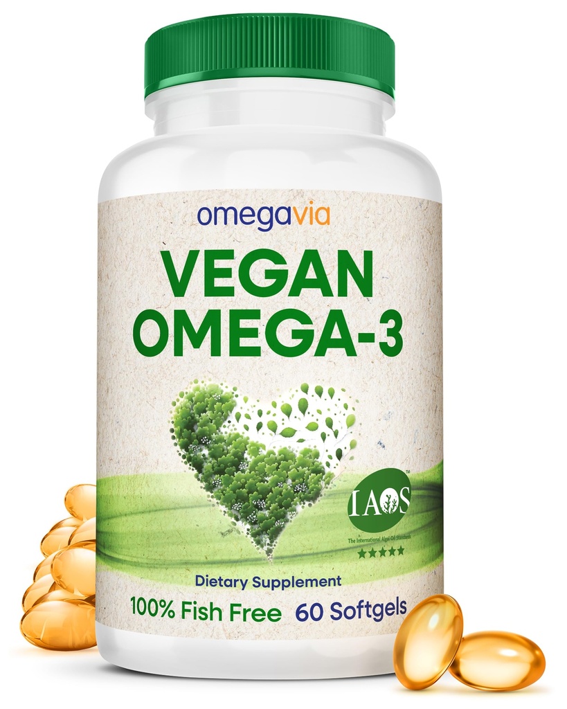 OmegaVia Vegan Omega 3 Supplement, Algen Omega 3 Visolie Alternatief, 300mg Veganistische DHA vetzuren, plantaardige, planeet en oceaan vriendelijk, IAOS 5 Ster Getest, 60 Softgels