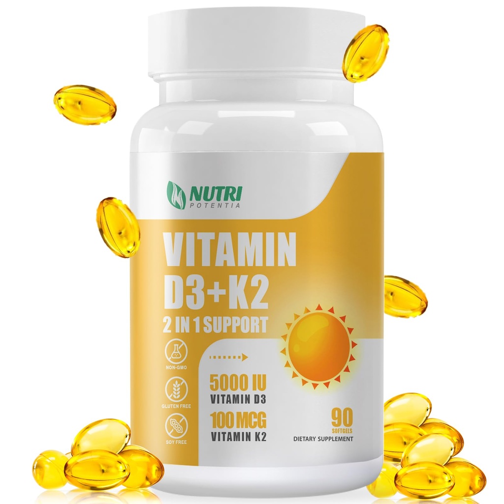 Supplément Vitamine D3 K2 avec huile MCT, vitamine D3 5000 UI et K2 100 mcg Softgel, supplément Bone and Heart Health Support, sans gluten - 90 Counter Softgels