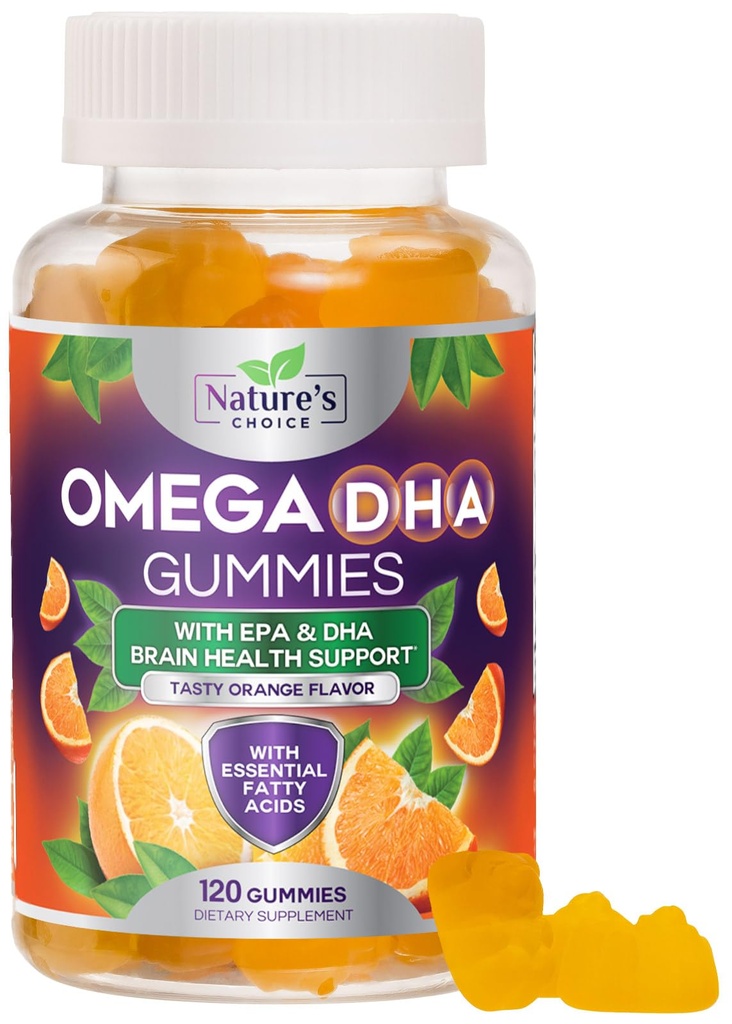 Omega 3 Gommies à l'huile de poisson - Triple force Omega3 Gommy - DHA & EPA Acides gras pour la santé cardiaque, le soutien des articulations et du cerveau, supplément à l'huile de poisson Omega haute absorption de la nature, parfum orange- 120 Gommies