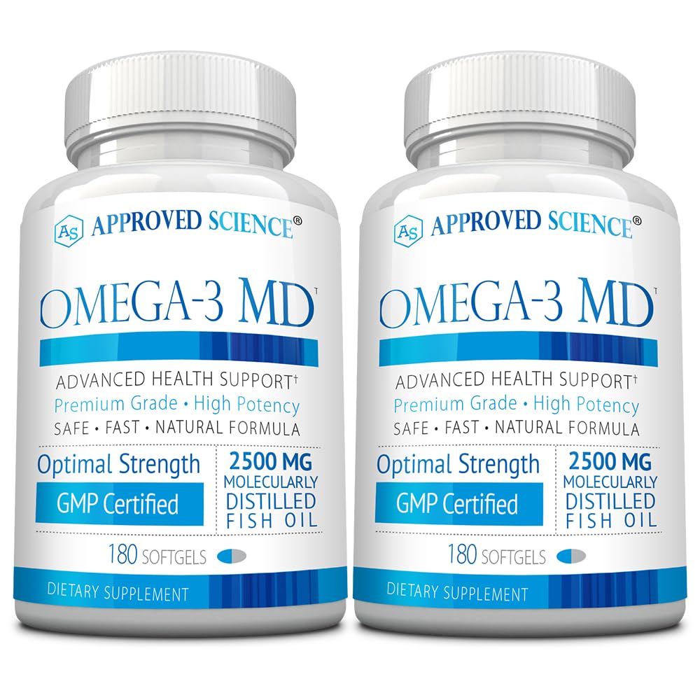 Omega-3 MD - EPA & DHA Supplement - 2500mg Omega 3 Visolie voor de gezondheid van het hart, hersenen ondersteuning, gezamenlijke comfort, & algehele wellness - 2 flessen - 6 maanden levering