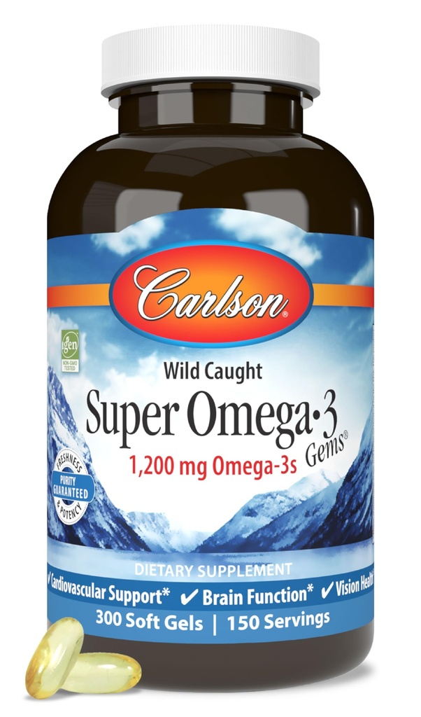 Carlson - Super Omega-3 Gems, 1200 mg Omega-3 Vetzuren met EPA en DHA, Wild-Caught Norwegian Fish Oil Supplement, Duurzaam Bron Capsules 300 Softgels