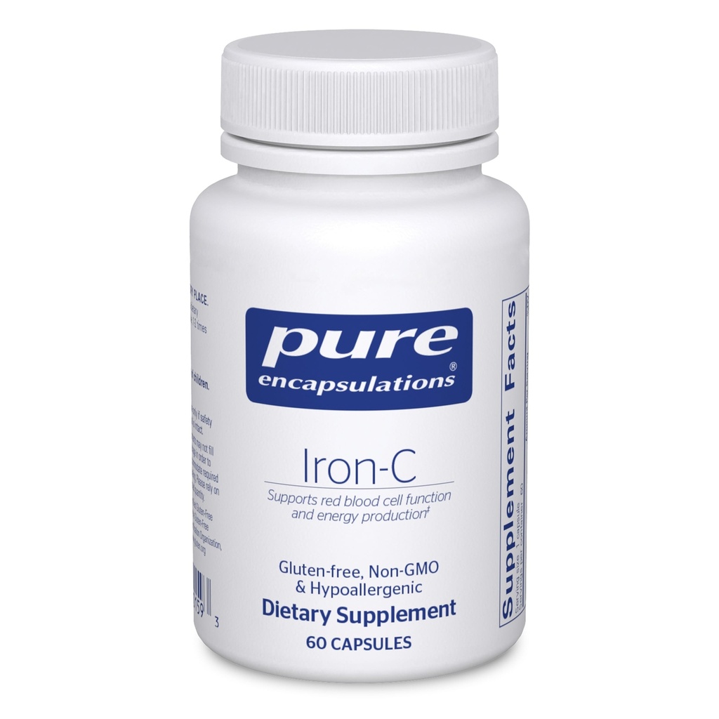 Encapsulations pures Fer-C - 15 mg - 175 mg Vitamine C - Soutien des globules rouges* - Production d'énergie - Pilule de fer hautement biodisponible - Sans gluten et végétalien - 60 capsules