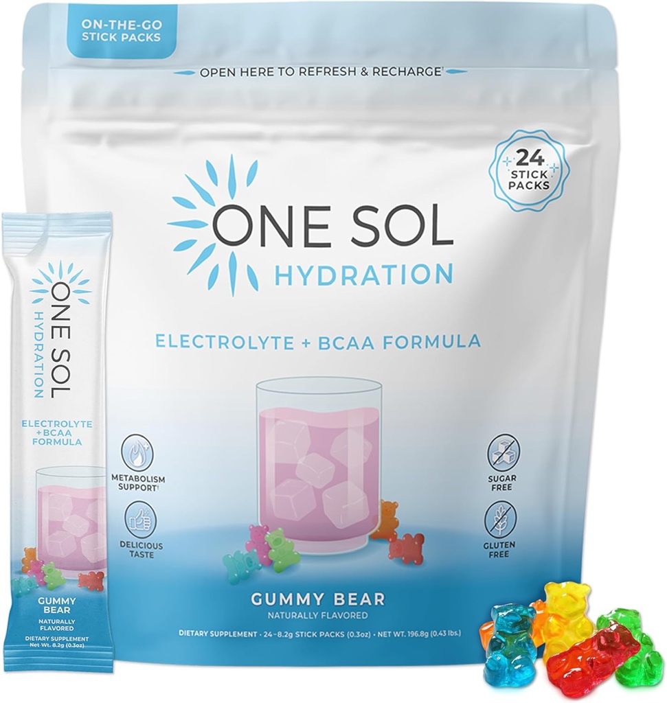 Een Sol BCAA & Electrolyte poeder voor hydratatie en energie, all-natural formule, 100% veganistisch, non-GMO, glutenvrij en sojavrij, bevordert spiergroei en herstel, Gummy Bear smaak