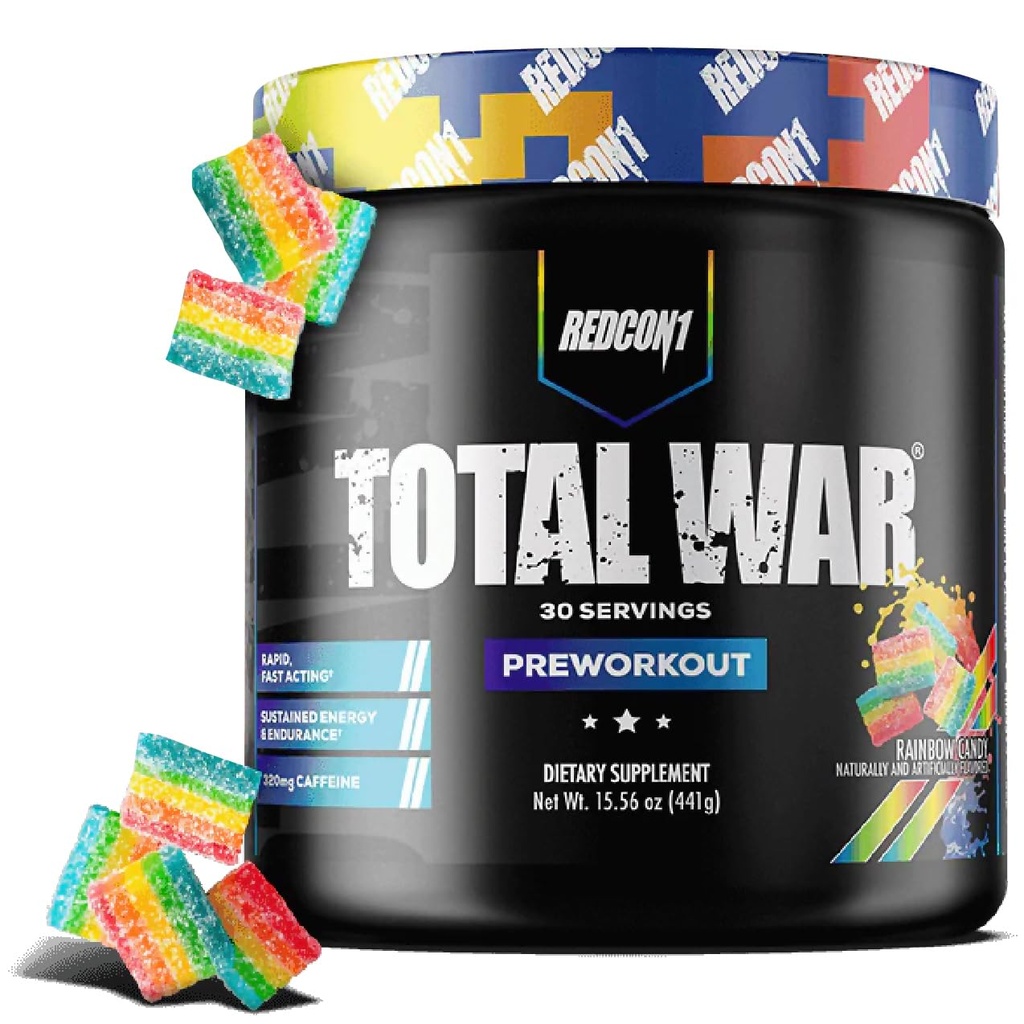 REDCON1 Total War Pre Workout, Rainbow Candy, L Citrulline, Malic Acid, Green Tea Leaf Extract voor Pump Boosting Pre Workout voor vrouwen en mannen - 3.2g Beta Alanine te verminderen Uitputting, 30 Servers