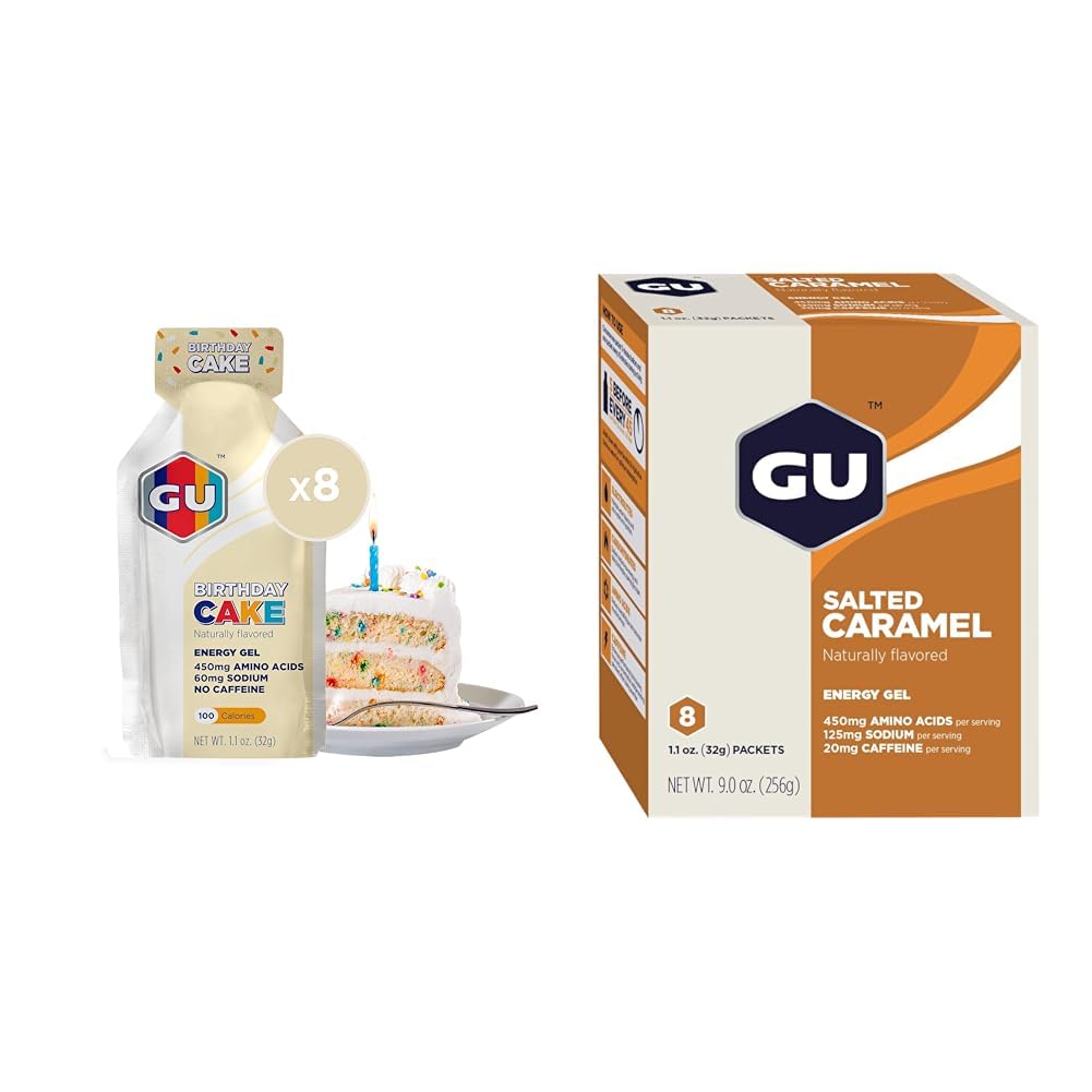 GU Energy Original Sports Nutrition Energy Gel, 8-Count Birthday Cake en 8-Count Salted Caramel Smaken