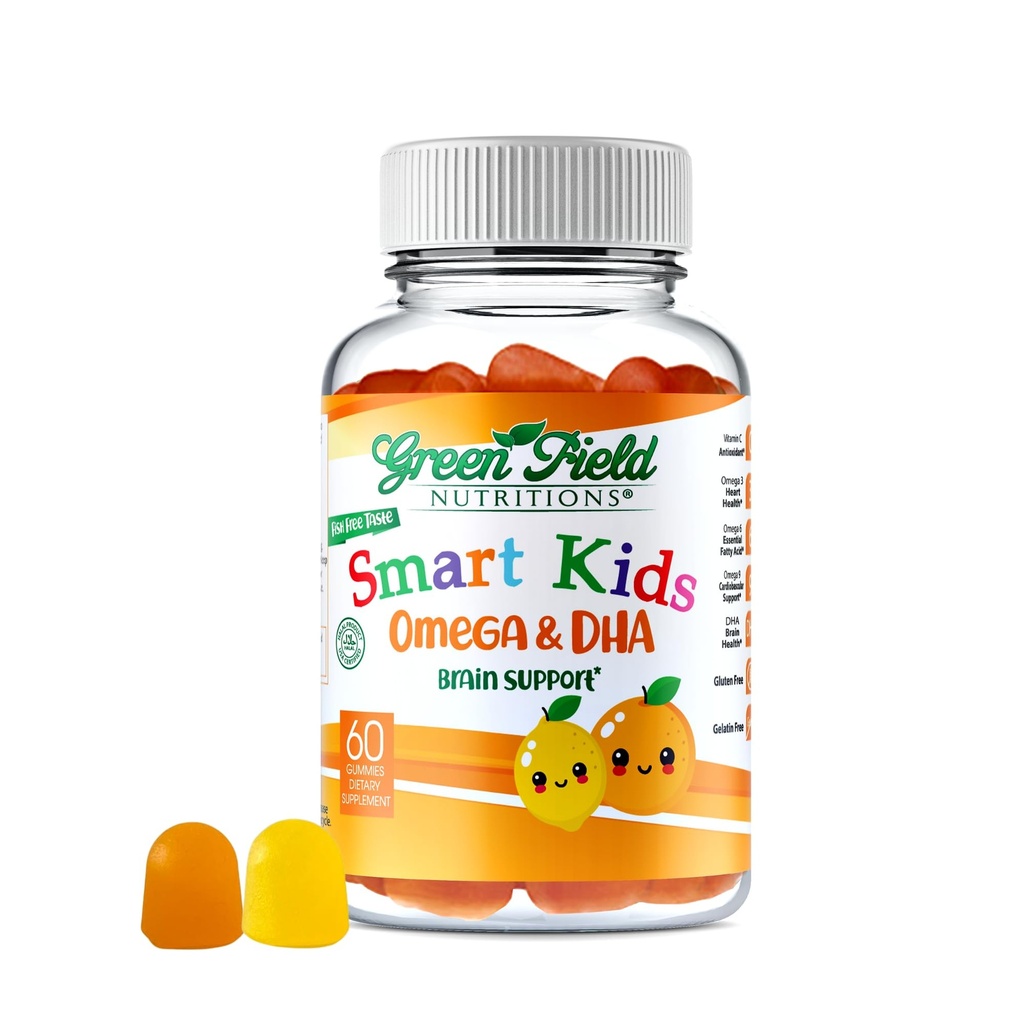 Greenfield Nutritions Smart Kids Halal Omega 3 Gummies with DHA - 60 Halal Vitaminen voor kinderen, Ondersteunt hersenen & Immune Health - Vegan, Non-GMO, Gluten, Gelatine-Free en Pindavrije Halal Gummy Vitaminen