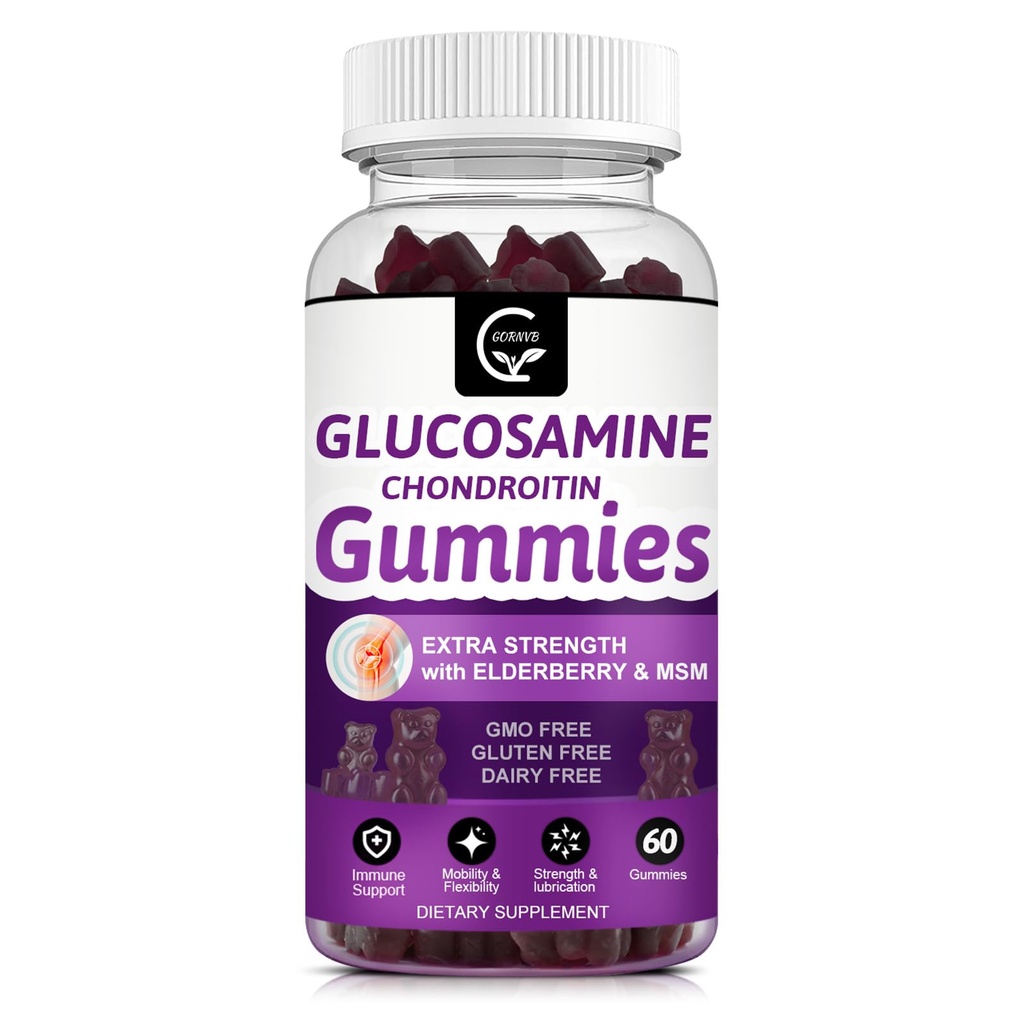 Glucosamine Chondroitin Gummies met MSM & Vlierbessen Extra sterkte Mobiliteit en flexibiliteit Ondersteuning, Antioxidant Immune Supplement voor vrouwen en mannen