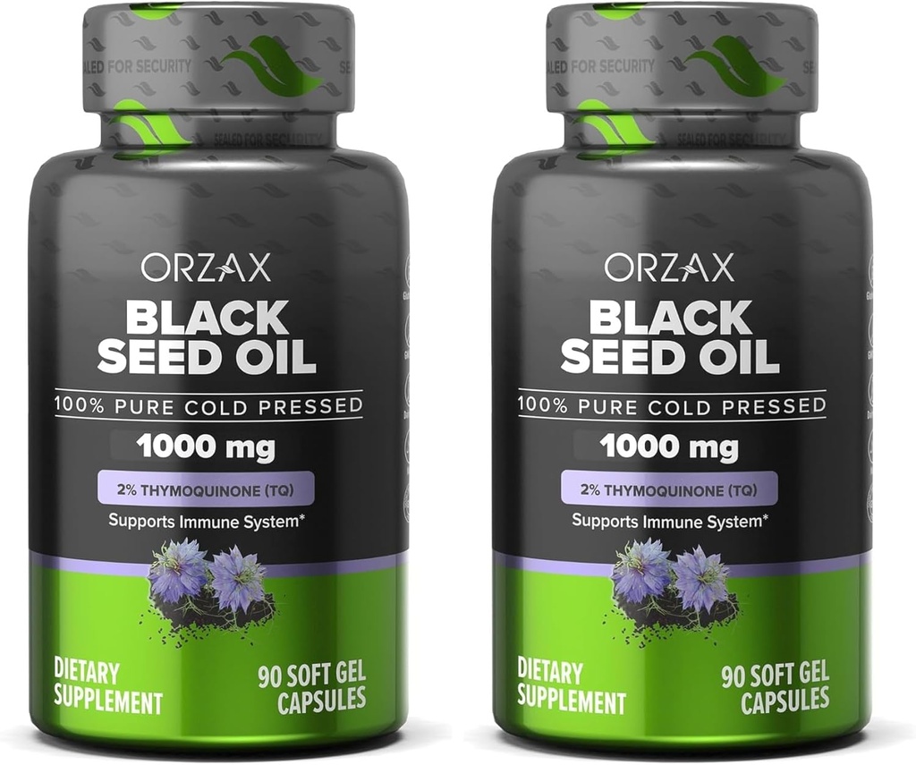 ORZAX Black Seed Oil 1000 mg Organic Cold Pressed Capsules for Hair, Skin, and joints - Rich in Omega 3 6 9 - Non-GMO, Glutenvrij - (90 Zachte Gel Capsules) (pack of 2)