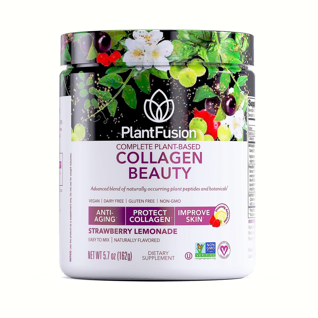 PlantFusion Vegan Collageen Beauty - Vegan Collageen Powder for Women - Hair Skin and Nails Vitamins - Glutenvrij, Non-GMO, Non-Dairy (Strawberry Lemonade 18 Servers)