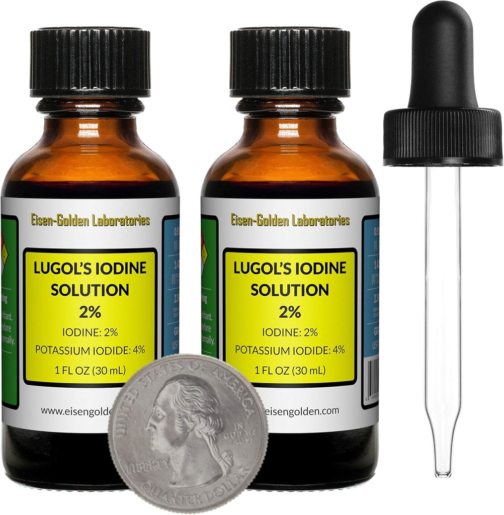 Lugol's Jodium / 2% Oplossing / 2 Oz in Twee Amber glazen flessen / Vrije Droppers / VS