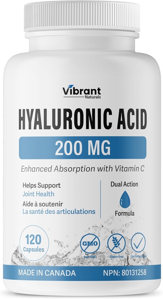Hyaluronzuursupplement 200mg - 120 capsules, met vitamine C 100mg, Joint & Skin Health, Non-GMO Fermentation, Glutenvrij, Derde Tested, Bio available Formula