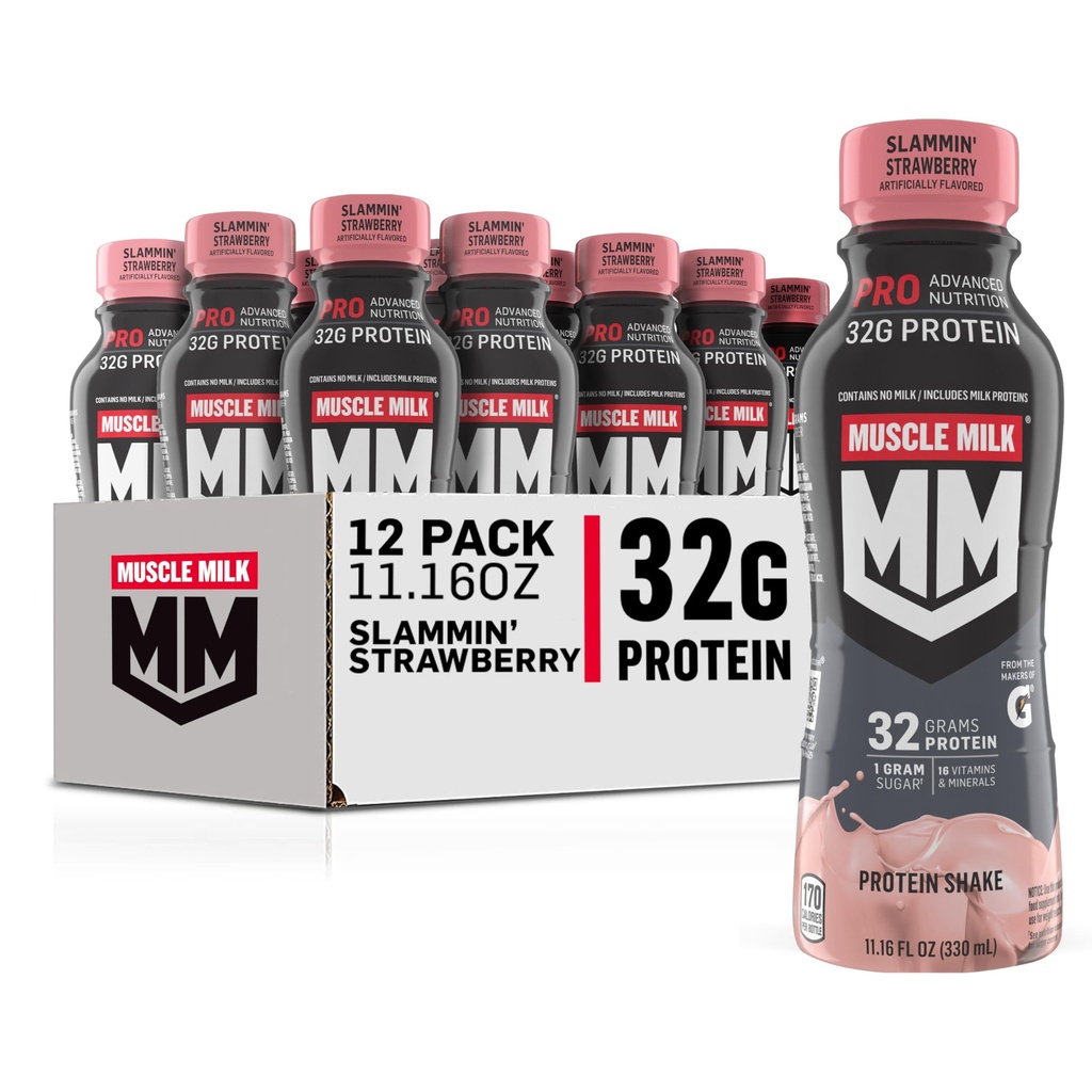 Muscle Milk Pro Advanced Nutrition Protein Shake, Slammin' Strawberry, 11,16 Fl Oz (pakket van 12), 32g Proteïne, 1g Suiker, 16 Vitaminen en Mineralen, 5g Vezel