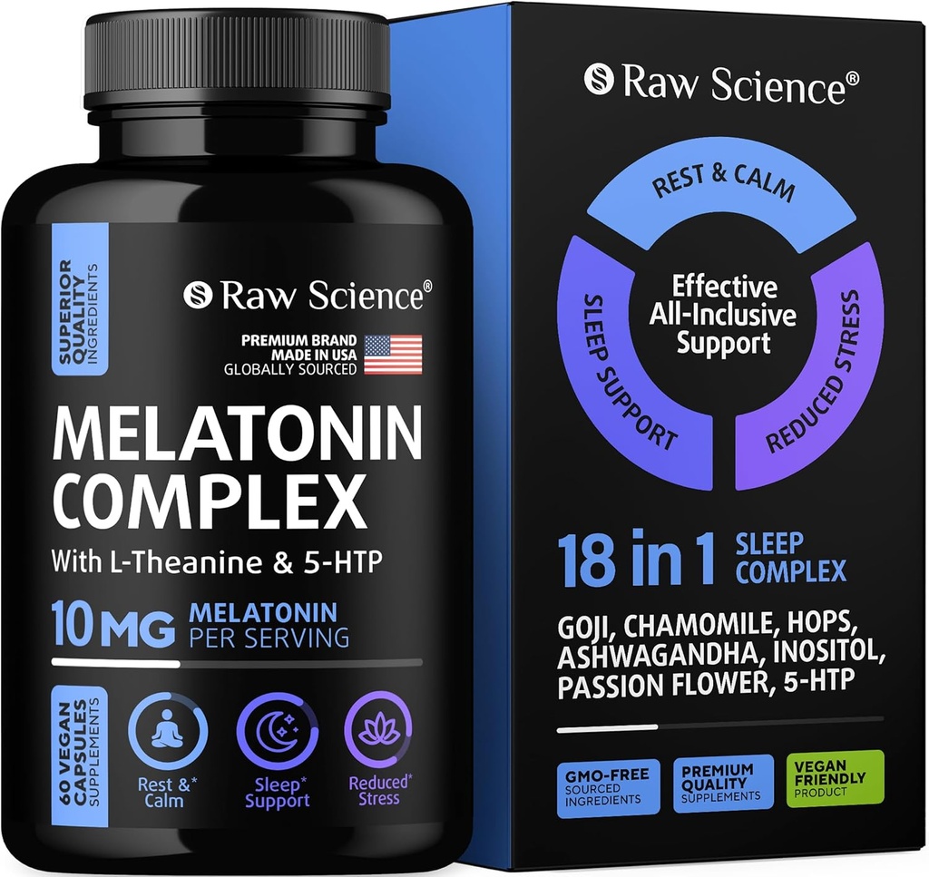 Melatonine 10mg Supplément sommeil - L Theanine, GABA Calme, L-Tryptophane - Suppléments sommeil profond pour adultes avec Ashwagandha, Fleur de Passion, Baume de citron, Camomille, Magnésium Soutien sommeil - 60 Capsules